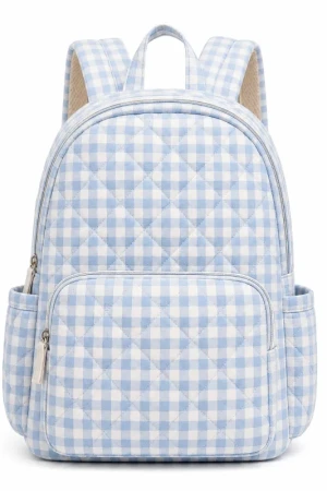 Azure Quilted Gingham Backpack for Women | Stylish Travel Daypack with Pockets
