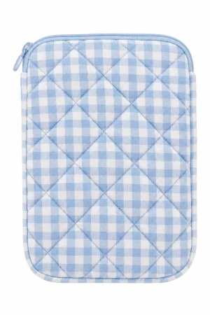 Quilted Padded eReader Pouch - Blue Gingham Travel Case for eReaders