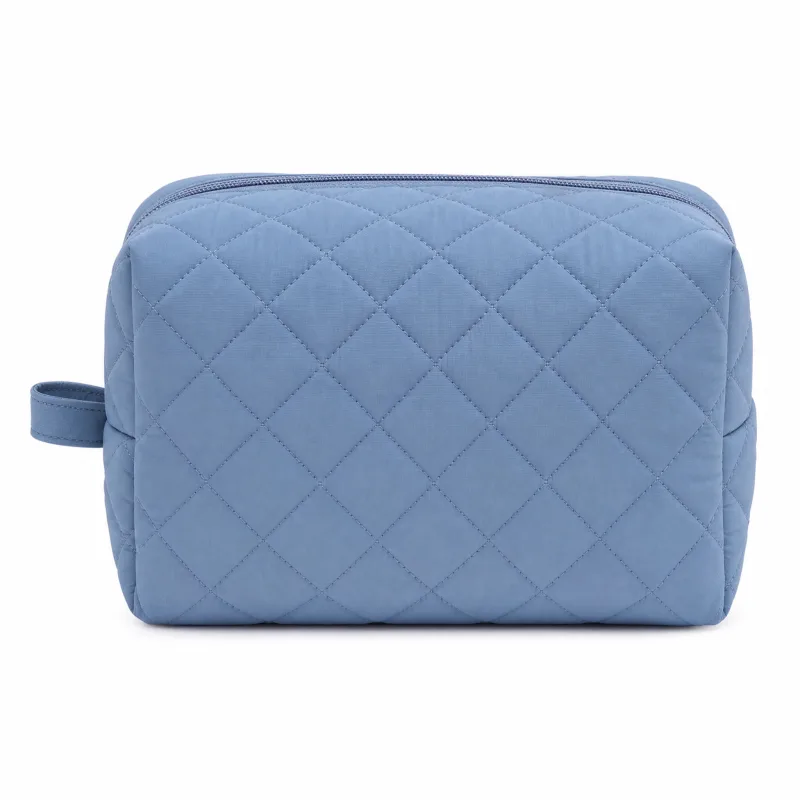 Sky Blue Quilted Makeup Bag – Large Cosmetic Travel Organizer 10x6x6