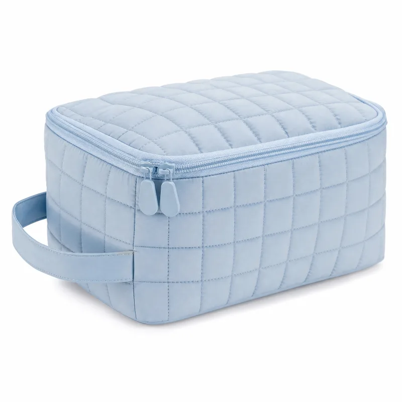 Sky Blue Quilted Makeup Bag – Large Cosmetic Travel Organizer 10x6x6 - Image 2