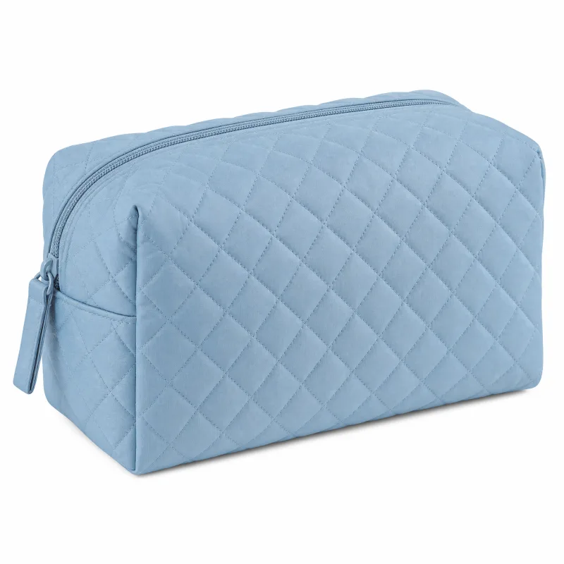 Sky Blue Quilted Makeup Bag – Large Cosmetic Travel Organizer 10x6x6 - Image 4