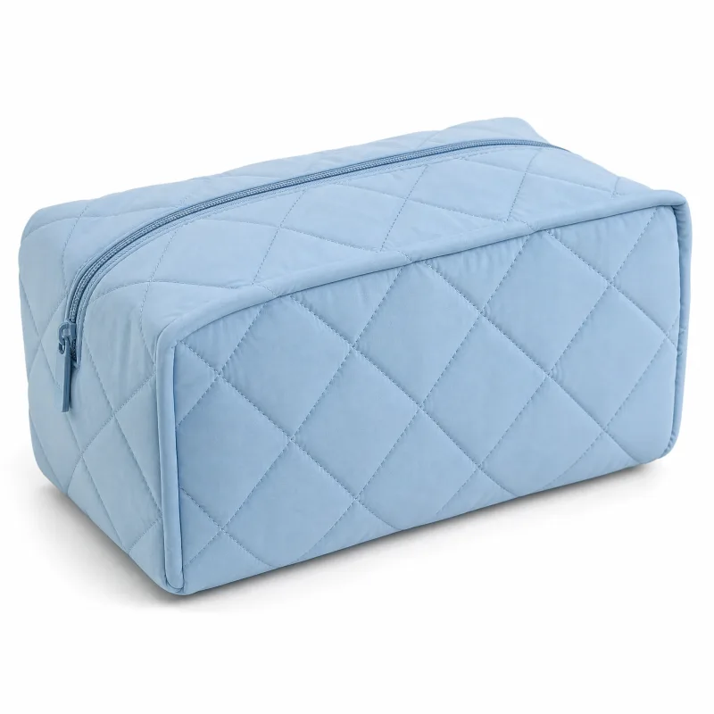 Sky Blue Quilted Makeup Bag – Large Cosmetic Travel Organizer 10x6x6 - Image 5