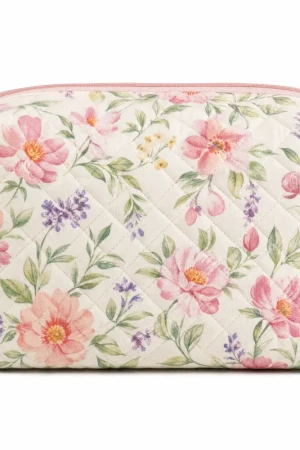 Large Quilted Makeup Bag with Floral Print - Spacious Travel Cosmetic Organizer