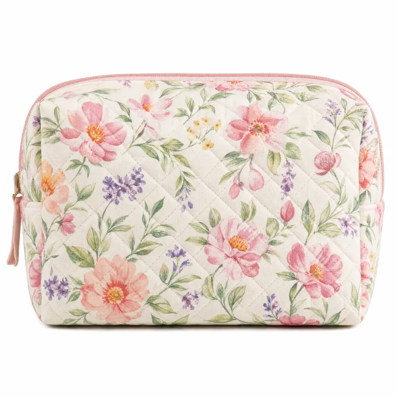 Large Floral Quilted Makeup Bag - Spacious Travel Cosmetic Organizer with Gingham Lining