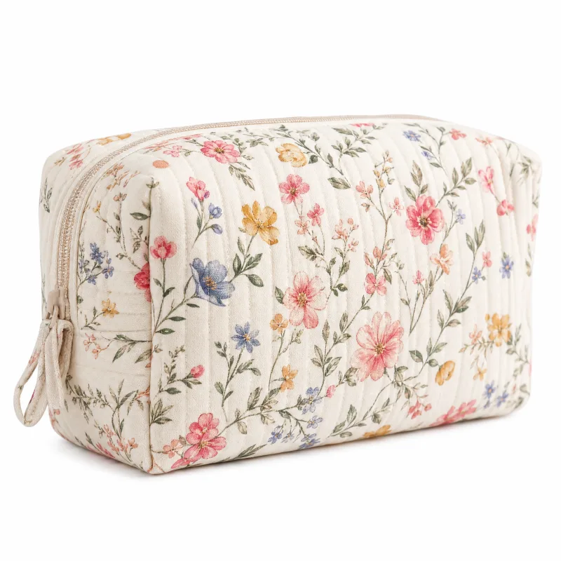 Large Floral Quilted Makeup Bag - Spacious Travel Cosmetic Organizer with Gingham Lining - Image 2