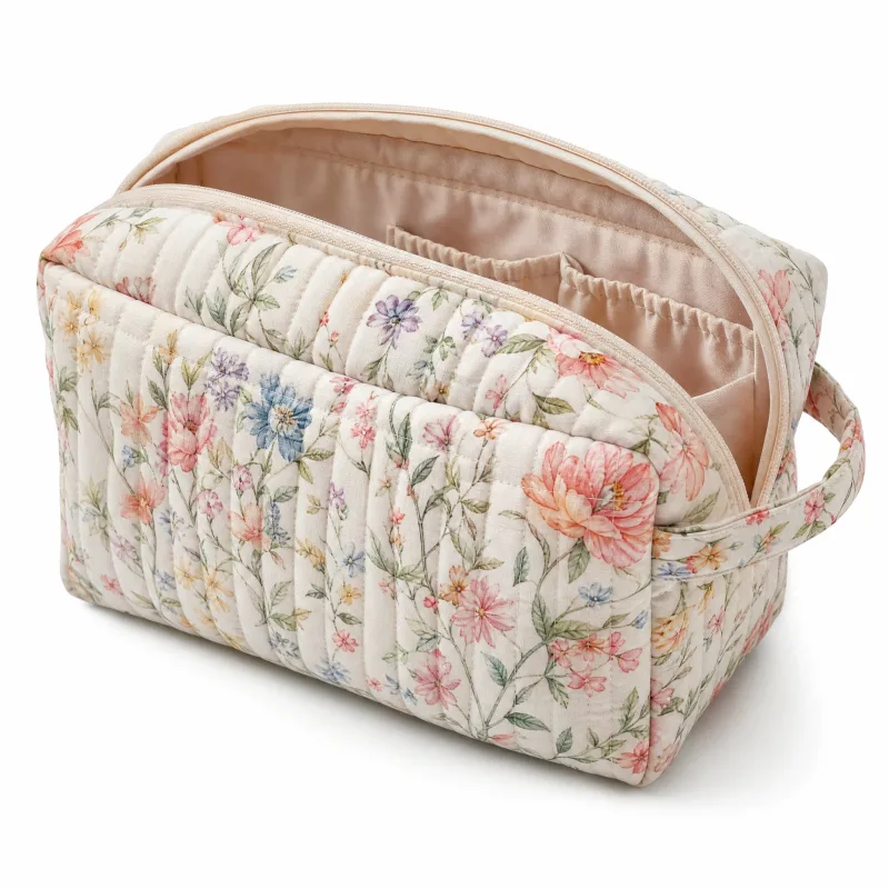 Large Floral Quilted Makeup Bag - Spacious Travel Cosmetic Organizer with Gingham Lining - Image 3