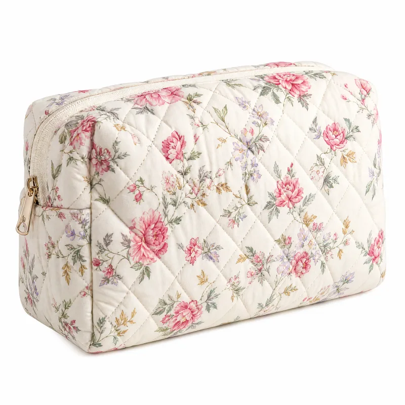 Large Floral Quilted Makeup Bag - Spacious Travel Cosmetic Organizer with Gingham Lining - Image 4