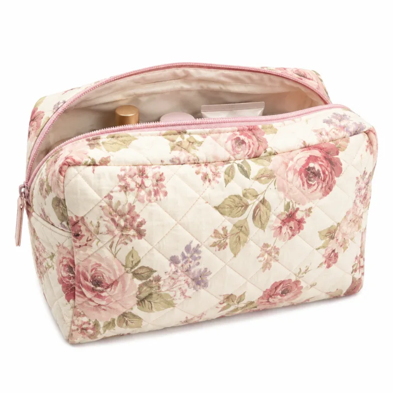 Large Floral Quilted Makeup Bag - Spacious Travel Cosmetic Organizer with Gingham Lining - Image 5