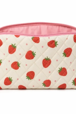 Large Strawberry Makeup Bag | Quilted Cosmetic Pouch with Pink Lining