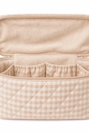 Large Nude Makeup Bag with Quilted Gingham & Terry Interior - Travel Cosmetic Organizer