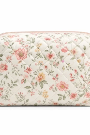 Large Floral Quilted Makeup Bag – Spacious Travel Cosmetic Organizer for Women