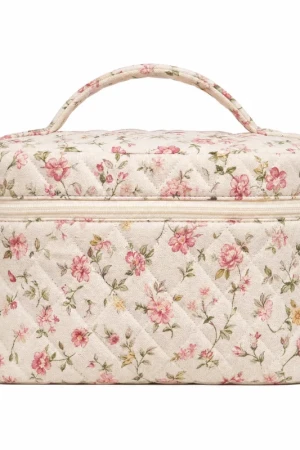 Premium Quilted Floral Vanity Bag with Handle - Terry Makeup Organizer
