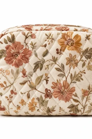 Autumn Mini Makeup Bag - Quilted Floral Cosmetic Pouch with Soft Terry Lining