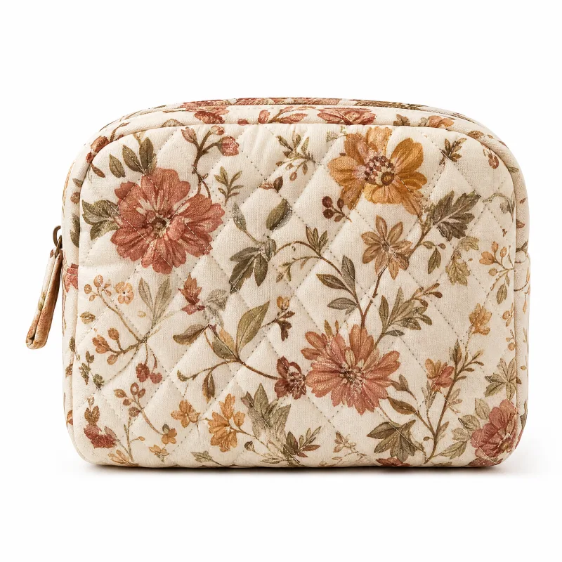 Autumn Mini Makeup Bag - Quilted Floral Cosmetic Pouch with Soft Terry Lining
