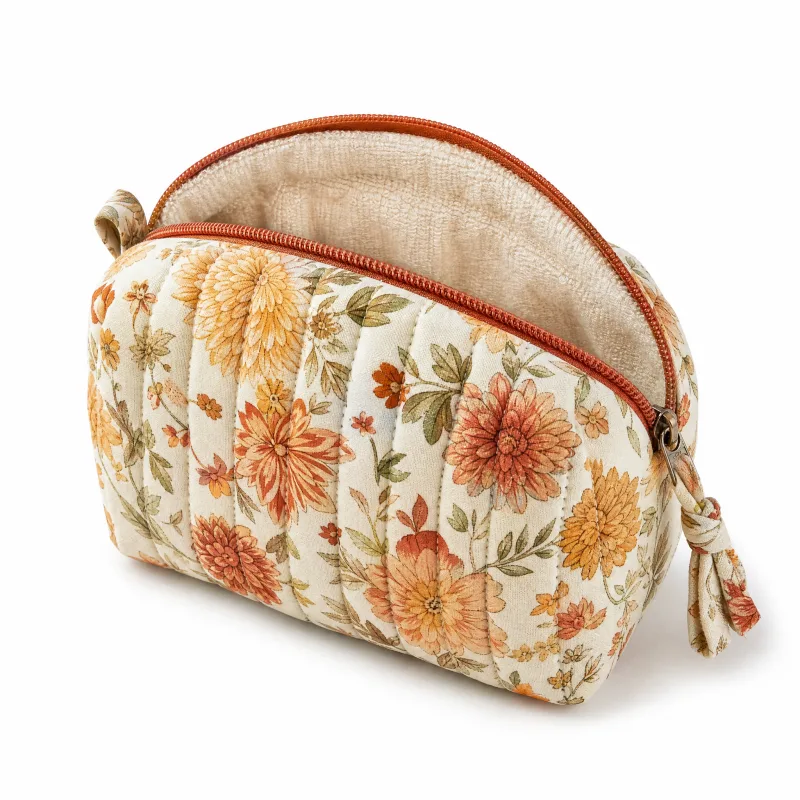 Autumn Mini Makeup Bag - Quilted Floral Cosmetic Pouch with Soft Terry Lining - Image 2