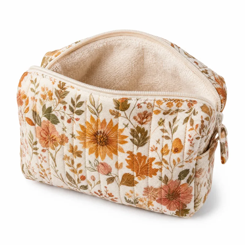 Autumn Mini Makeup Bag - Quilted Floral Cosmetic Pouch with Soft Terry Lining - Image 4