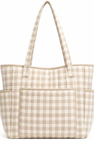 Quilted Gingham Tote Bag with Pockets - Large Stylish Carryall for Women