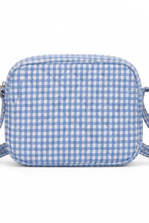 Blue Gingham Quilted Mini Shoulder Bag - Adjustable Strap, Compact Cute Purse