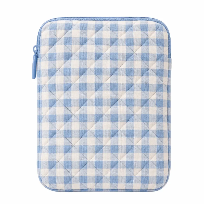 Quilted Blue Gingham E-Reader Pouch - Padded Tablet & Travel Case