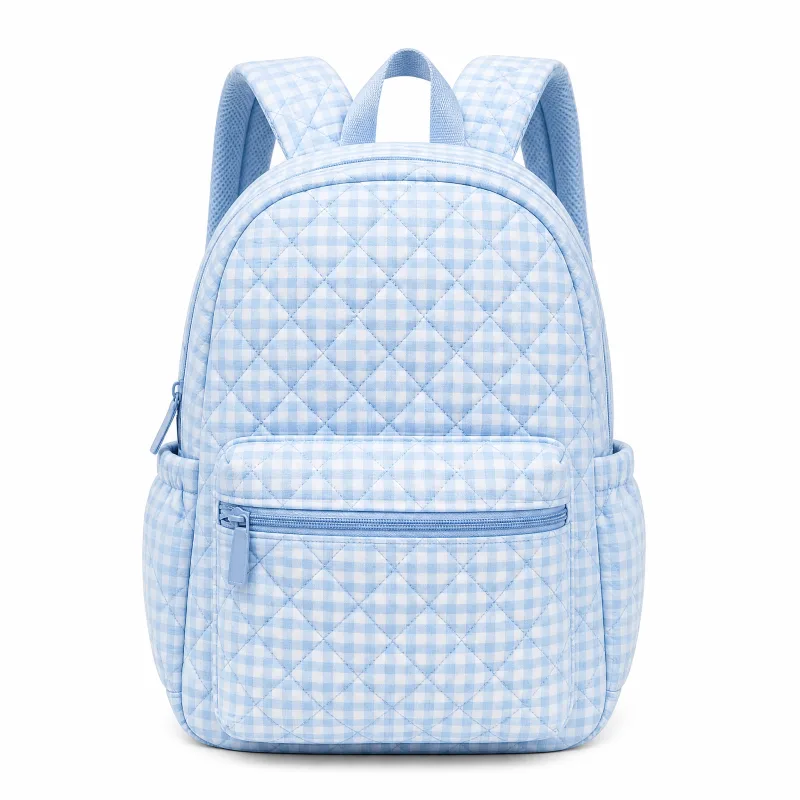 Sky Blue Quilted Gingham Backpack with Pockets – Stylish & Spacious