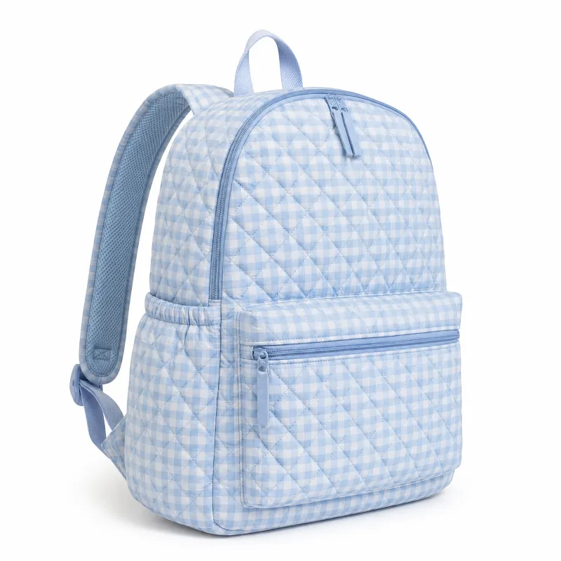 Sky Blue Quilted Gingham Backpack with Pockets – Stylish & Spacious - Image 2