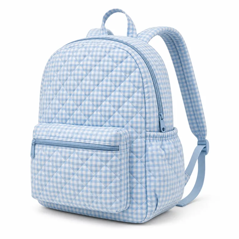 Sky Blue Quilted Gingham Backpack with Pockets – Stylish & Spacious - Image 3