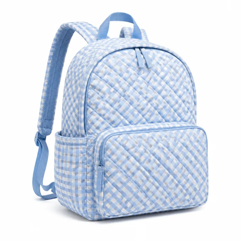 Sky Blue Quilted Gingham Backpack with Pockets – Stylish & Spacious - Image 4