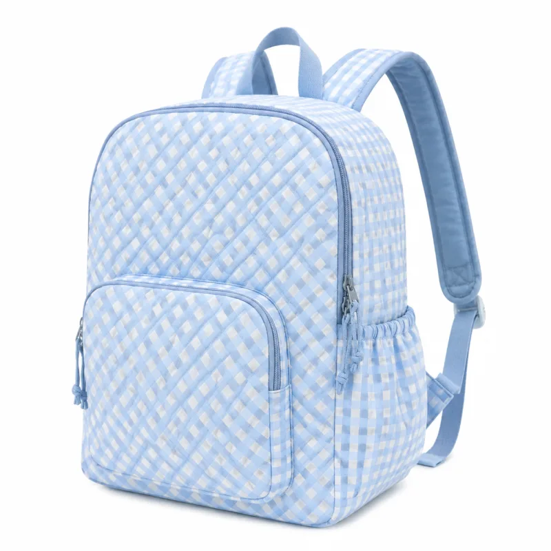 Sky Blue Quilted Gingham Backpack with Pockets – Stylish & Spacious - Image 5