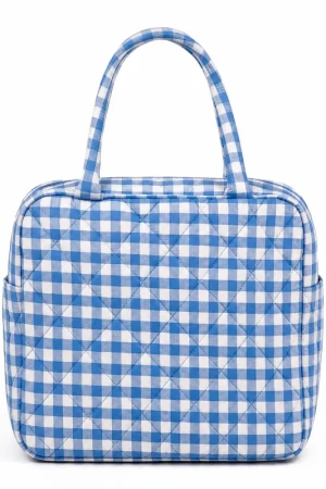 Insulated Quilted Lunch Tote Bag - Stylish Blue Gingham, Leakproof & Easy to Carry