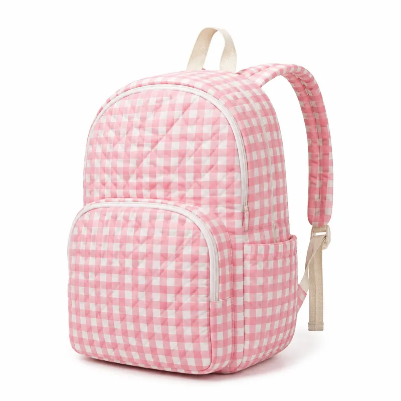 Classic Quilted Backpack | Stylish Gingham Print Bag with Pockets for Daily Commute - Image 2