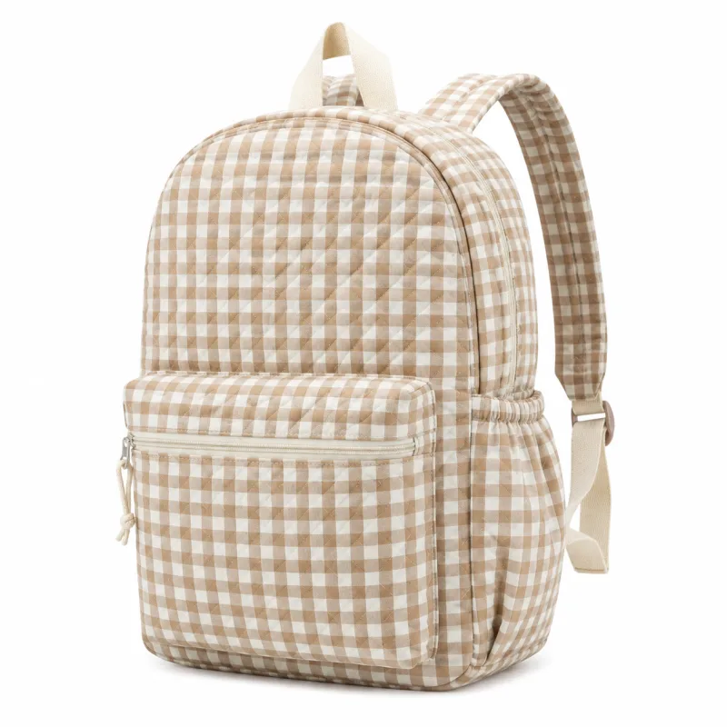 Classic Quilted Backpack | Stylish Gingham Print Bag with Pockets for Daily Commute - Image 3