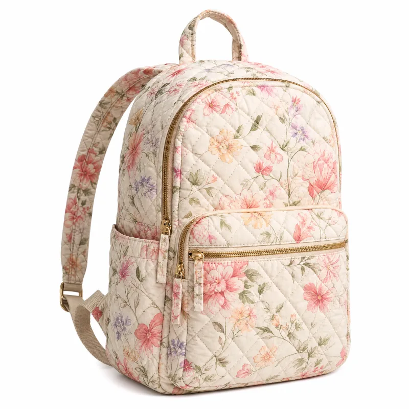 Quilted Floral Spring Backpack - Stylish Daypack with Pockets - Image 2