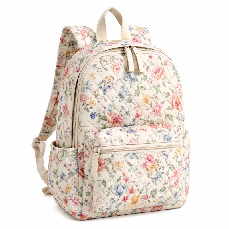 Quilted Floral Spring Backpack - Stylish Daypack with Pockets - Image 4