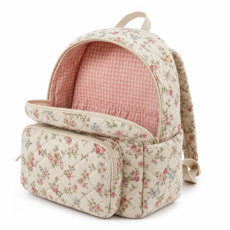 Charming Quilted Floral Summer Backpack - Gingham Lining & Spacious - Image 2