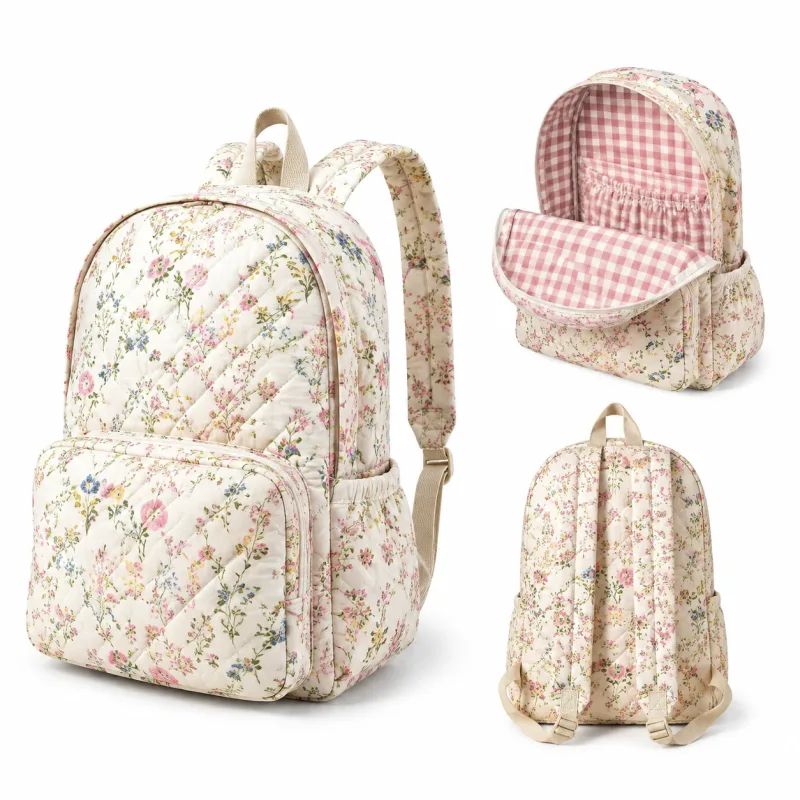 Charming Quilted Floral Summer Backpack - Gingham Lining & Spacious - Image 5