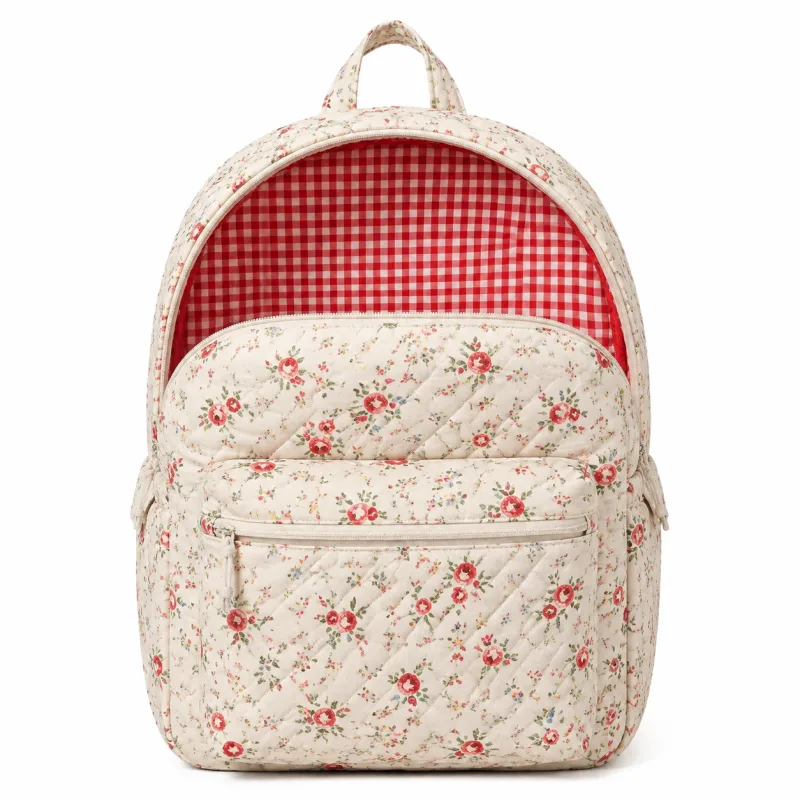Quilted Floral Backpack with Red Gingham Lining – Stylish & Practical