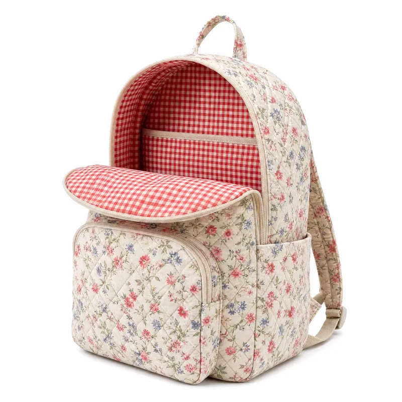 Quilted Floral Backpack with Red Gingham Lining – Stylish & Practical - Image 2