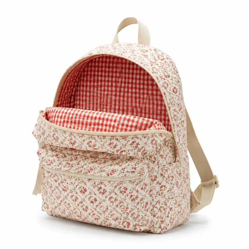Quilted Floral Backpack with Red Gingham Lining – Stylish & Practical - Image 4