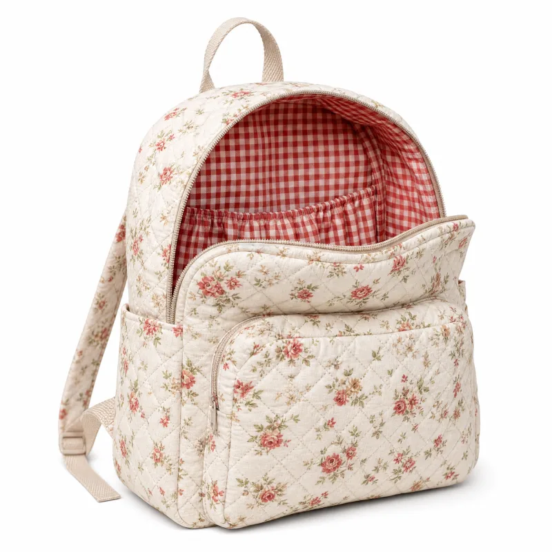 Quilted Floral Backpack with Red Gingham Lining – Stylish & Practical - Image 5