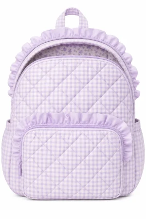 Coquette Backpack - Lilac Gingham Quilted Ruffle Daypack with Floral Lining