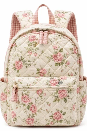 Floral Quilted Backpack for Women | Stylish Rose Print Daypack with Gingham Lining