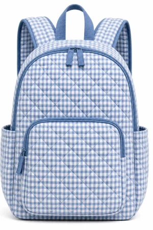 Blue Gingham Quilted Backpack - Stylish Travel Daypack with Multiple Pockets