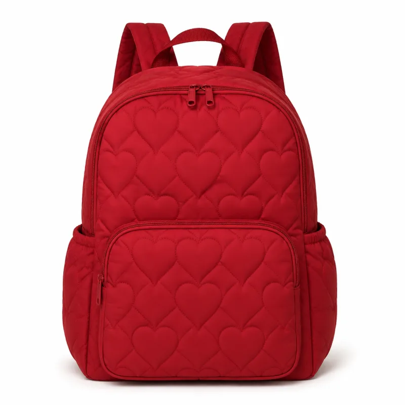 Red Heart Quilted Backpack for Women | Stylish & Practical Daypack