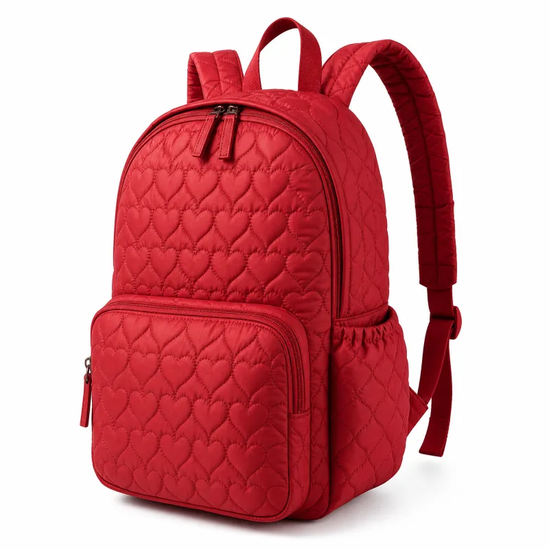 Red Heart Quilted Backpack for Women | Stylish & Practical Daypack - Image 3