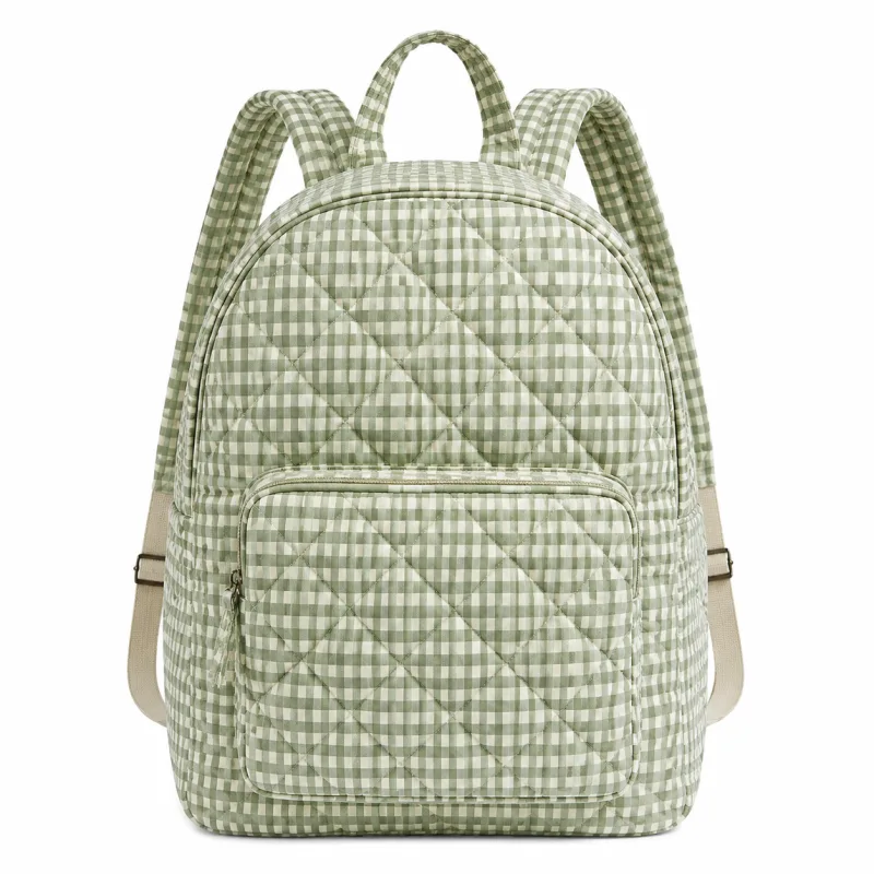 Quilted Gingham Backpack - Stylish Green Checkered Daypack for Women