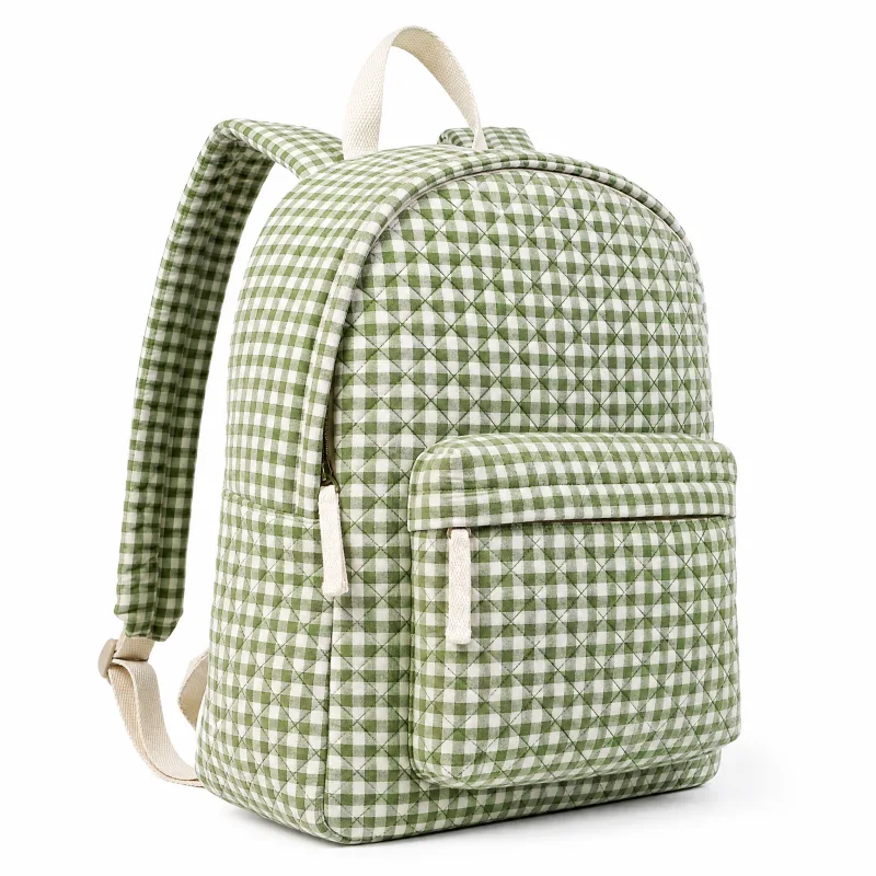 Quilted Gingham Backpack - Stylish Green Checkered Daypack for Women - Image 2