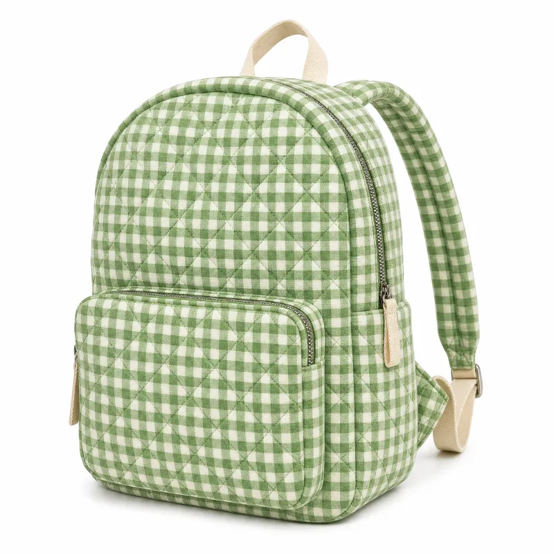 Quilted Gingham Backpack - Stylish Green Checkered Daypack for Women - Image 3