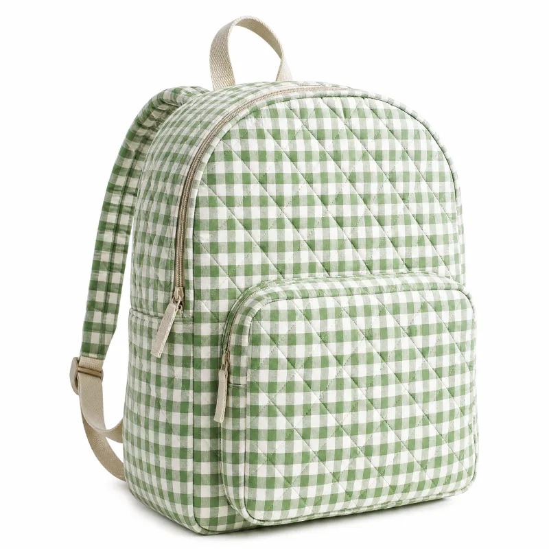 Quilted Gingham Backpack - Stylish Green Checkered Daypack for Women - Image 4