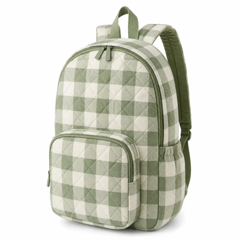 Quilted Gingham Backpack - Stylish Green Checkered Daypack for Women - Image 5