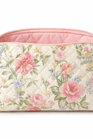 Large Floral Makeup Bag – Spacious Quilted Cosmetic Organizer with Pink Lining